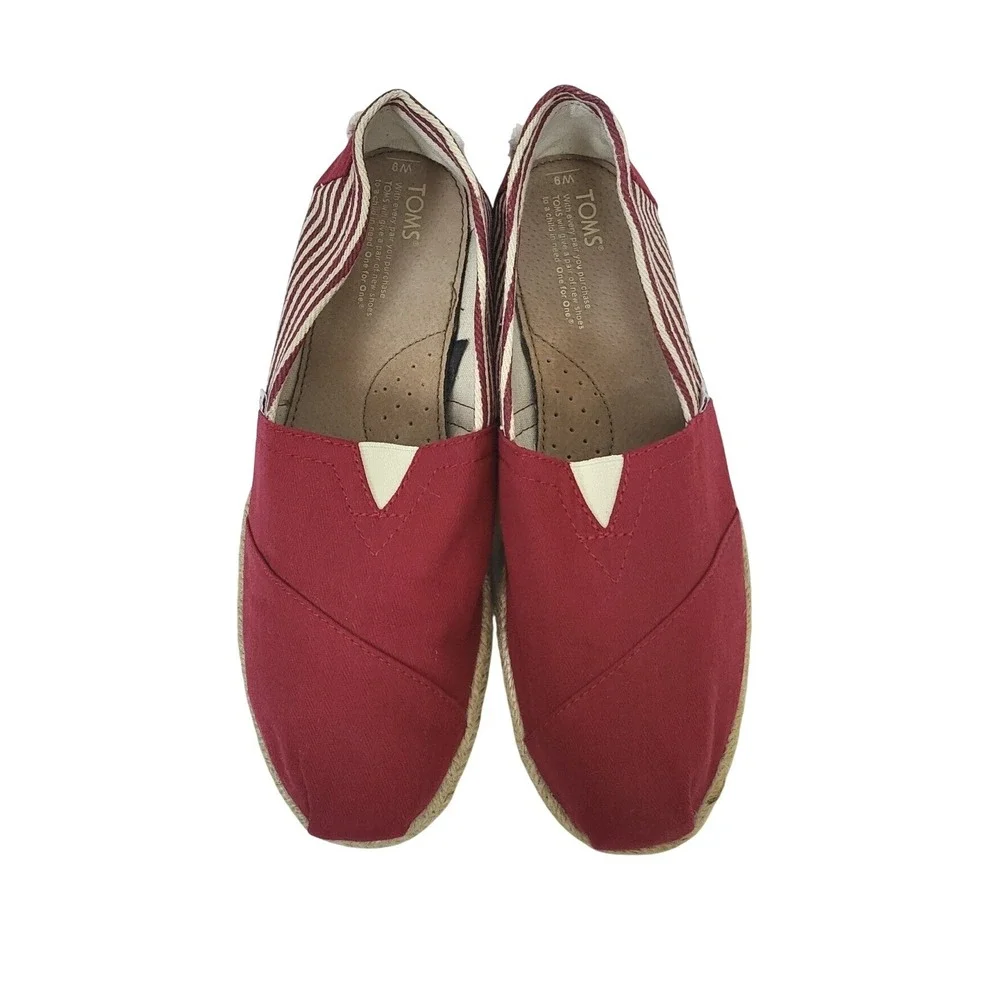 Toms Womens Red White‎ Stripe Slip On Espadrilles Canvas Nautical Shoes 9 Casual